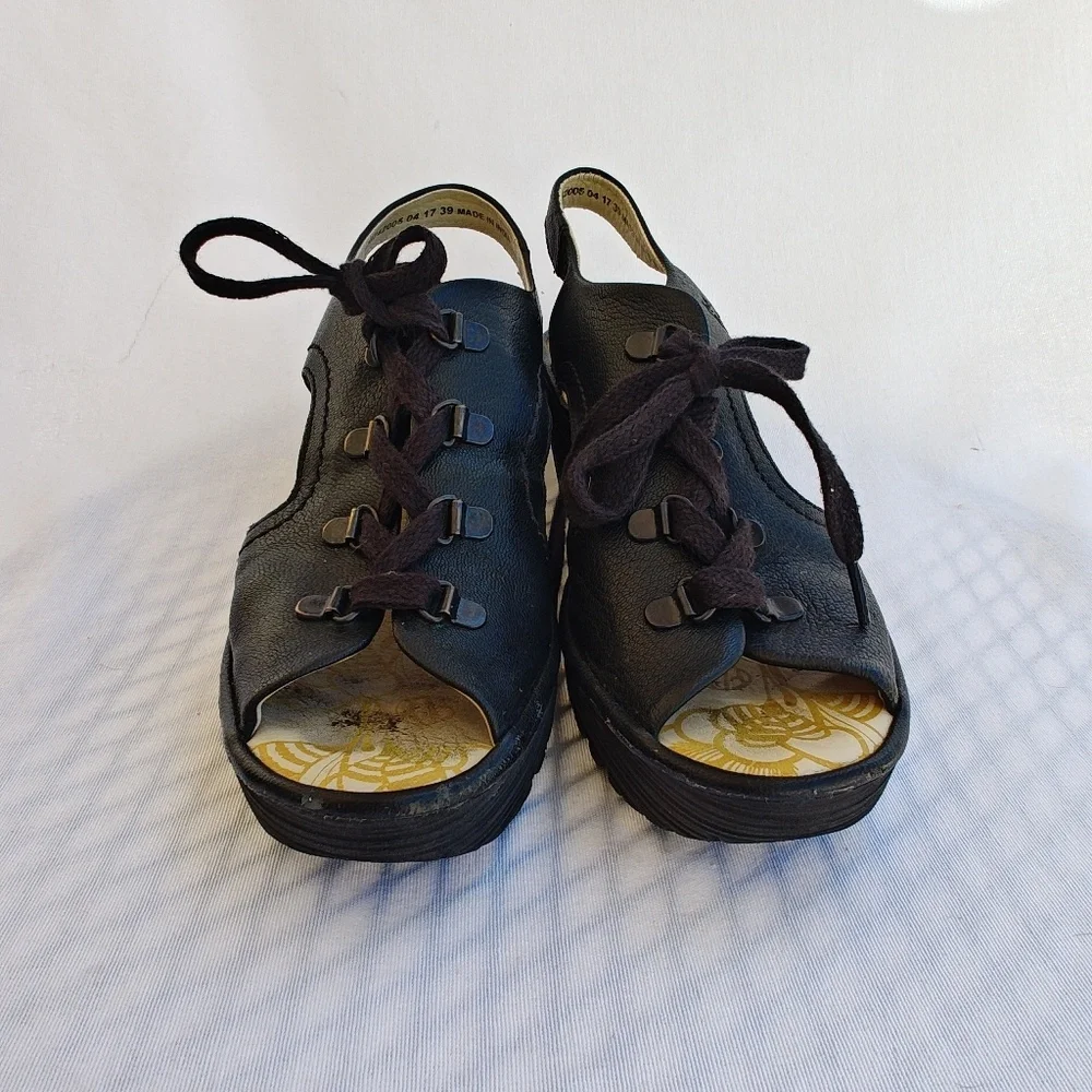 Fly London‎ YLFA Wedge Sandals Leather Black Lace Up Platform Size EU 39